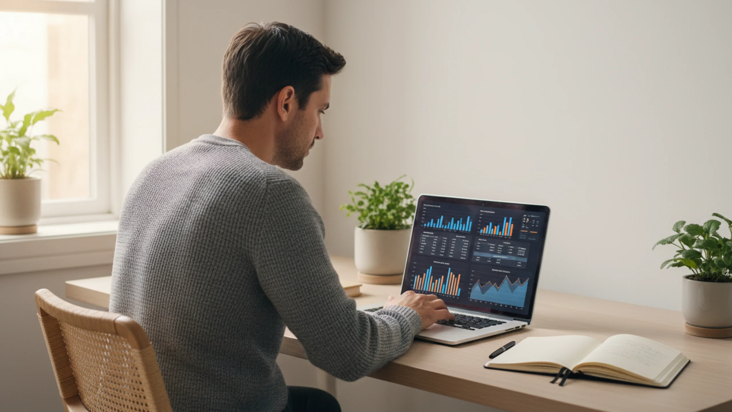 Mand analyserer fodbold odds på en bærbar computer med statistikker og grafer