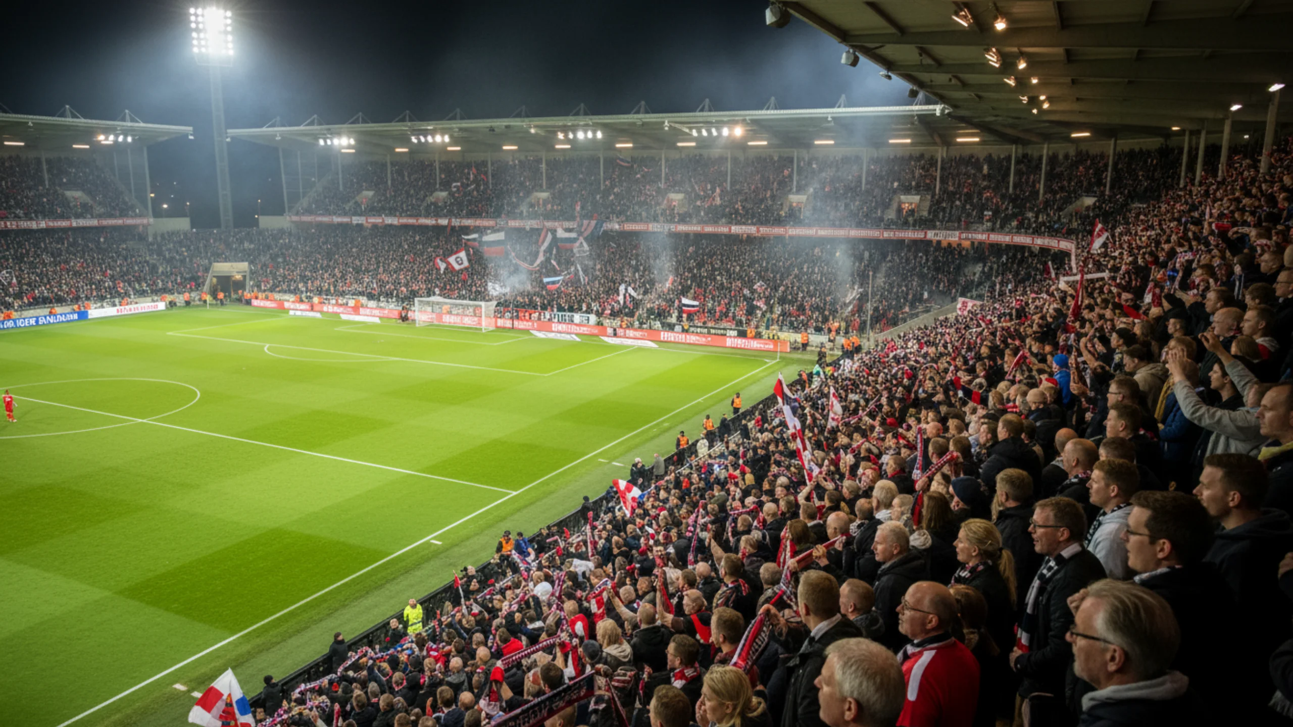 Dansk Superliga-kamp med engagerede fans og intens stemning på stadion